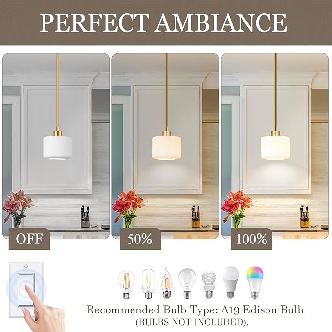 Milk Glass Pendant Lights Kitchen Island, 1-Light Modern Brushed Gold Hanging Light Fixtures with Rods, Mini Kitchen Pendant Lighting Over Island for Sink Bathroom, OS-YQ8153-1PBG