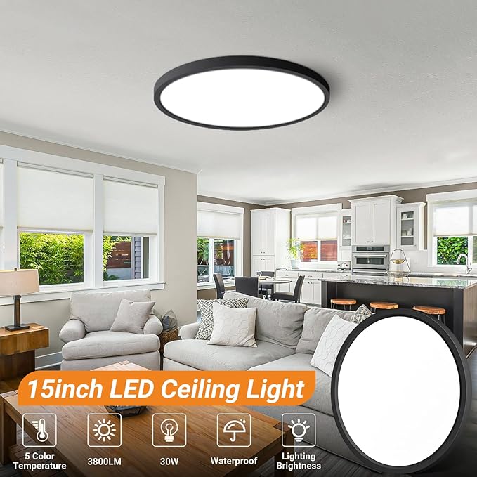 slochi 1Pack LED Flush Mount Ceiling Light Fixture, 15 Inch 30W, 3800LM, Super Slim 0.7 Inch, 3000K-6500K Adjustable Low Profile LED Ceiling Lights for Bathroom, Closet, Hallway(Black)