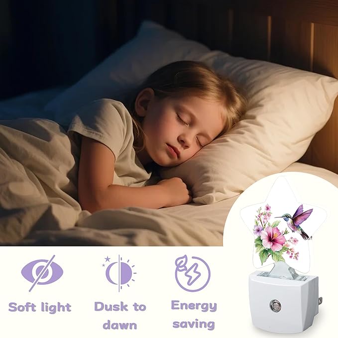 Night Light,Hummingbird Night Lights Plug into Wall Pink Flower Decorations for Bedroom Bathroom,Dusk to Dawn Sensor Kitchen Hallway Stairs Energy Efficient Desk Lamp