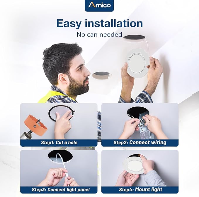 Amico 4 Pack 6 Inch 5CCT Gimbal LED Recessed Lighting, 360°&90° Adjustable Eyeball Directional Downlight, Dimmable, 2700K/3000K/3500K/4000K/5000K Selectable, CRI90+ 12W 1200LM, ETL&FCC