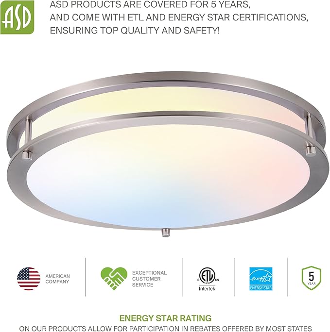 ASD LED 14" Round Flush Mount Lighting, Close to Ceiling Light Fixture | 3CCT, Dimmable, Energy Star, ETL Listed | 21W 1675LM 3000-5000K 120V | Low Profile Double Ring Lamp | Nickel