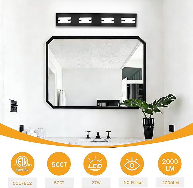 LED Bathroom Light Fixtures, 4-Light Modern Vanity Lights with Milky White Frosted Acrylic Shades, Matte Black Bathroom Lighting Fixtures Over Mirror, ETL Listed, 27W 5CCT Adjustable