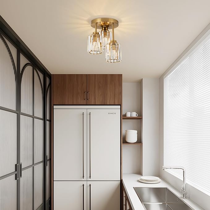 Gold Close to Ceiling Light Fixtures, 3-Light Crystal Ceiling Light with Clear K9 Crystal Shades, Modern Semi Flush Mount Ceiling Light for Hallway Kitchen Bathroom Entryway