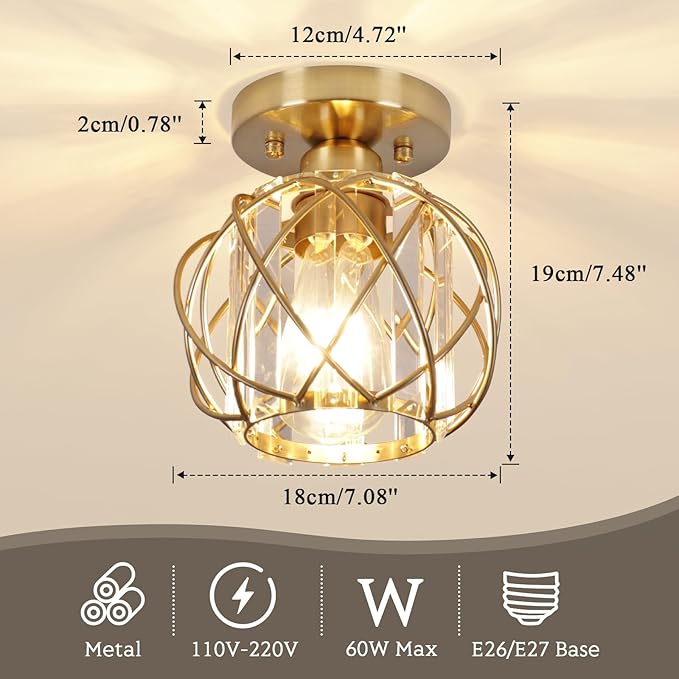 Hallway Light Fixtures Ceiling,Semi Flush Mount Ceiling Light Fixtures Gold Metal Cage Indoor Modern Ceiling Lights for Bedroom Room Hallway Bathroom Entryway Kitchen