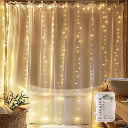 Fairy Lights for Shower Curtains, Waterproof String Lights for 72 x 72 Inches Shower Curtains Battery Operated Warm White Curtain Lights for Bathroom, 180 LEDs Indoor Outdoor Decor (NO CURTAIN)