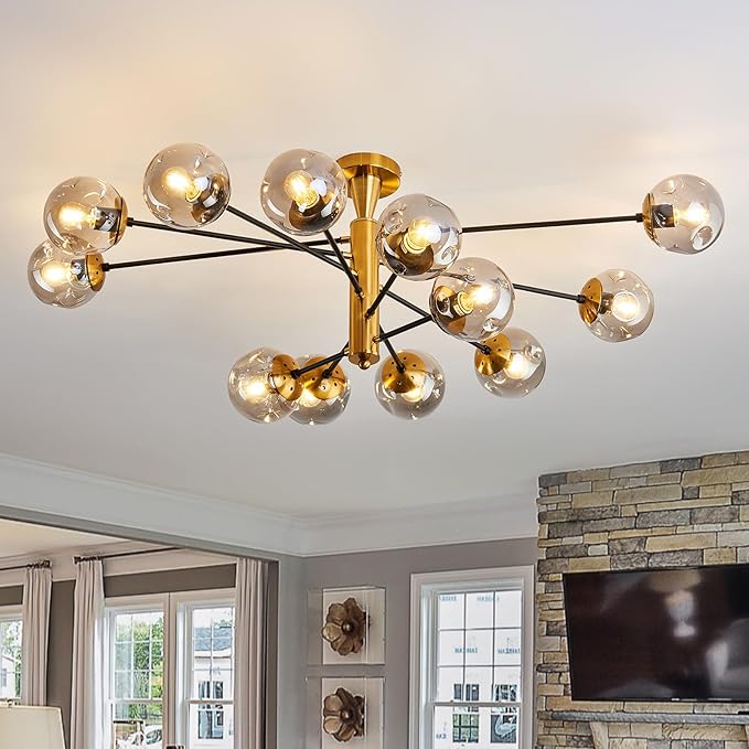 hesoge Large 12 Light Sputnik Semi Flush Mount Ceiling Light Fixture Gold Mid Century Modern Chandelier with Glass Globe Close to Ceiling Light for Living Room Kitchen Dining Room Bedroom.