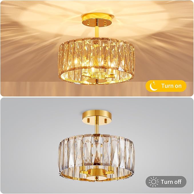 Crystal Ceiling Light, 3-Light Modern Semi-Flushmount Ceiling Light for Living Room, Dinning Room Hallway, D12xH9inch, Gold Finish Frame & Champagne K9 Crystal
