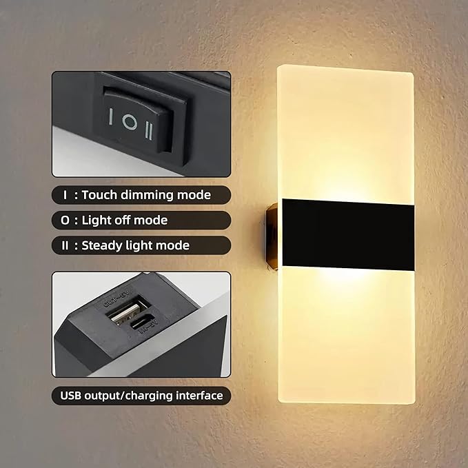 MEHIDFY Wall Sconces Sets of 2, Dimmable Touch Control Wall Lamp, Rechargeable LED Wall Sconces, Battery Operated Wall Lights, Bedside Lamp, Reading Light Bedroom with 4 Brightness (Warm White)