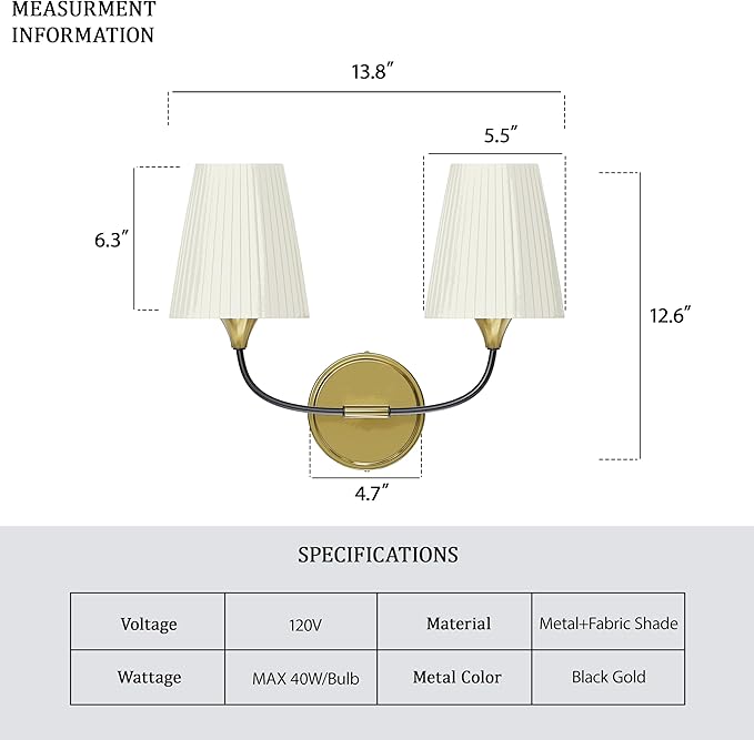Bathroom Vanity Light with Fabric Shade, 2-Light Bathroom Vanity Light Over Mirror, Modern Light Fixtures for E26 Bulb, Flared Wall Lights for Bedroom, Hallway, Entryway (Black Gold)