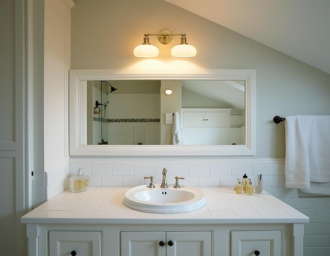Pathson 2-Lights Milky Glass Wall Sconce, Hardwired Double Head Bathroom Sconces, Vintage Wall Lamps for Vanity Mirror, Living Room, Bedroom, Farmhouse Lighting