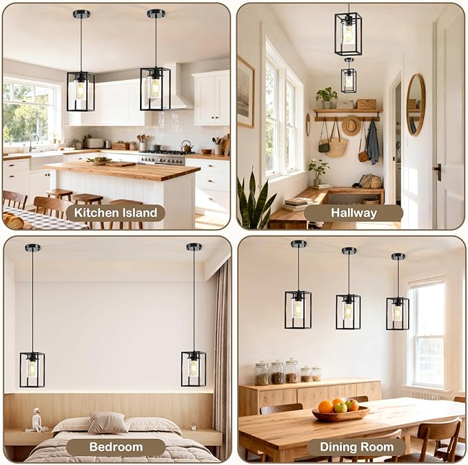 Pendant Lights Kitchen Island, 1 Pack Black Pendant Light, Adjustable Corded Pendant Light Fixtures with Glass Shade, Metal Frame Hanging Light Fixture, Kitchen Island Lighting for Entryway Bedroom