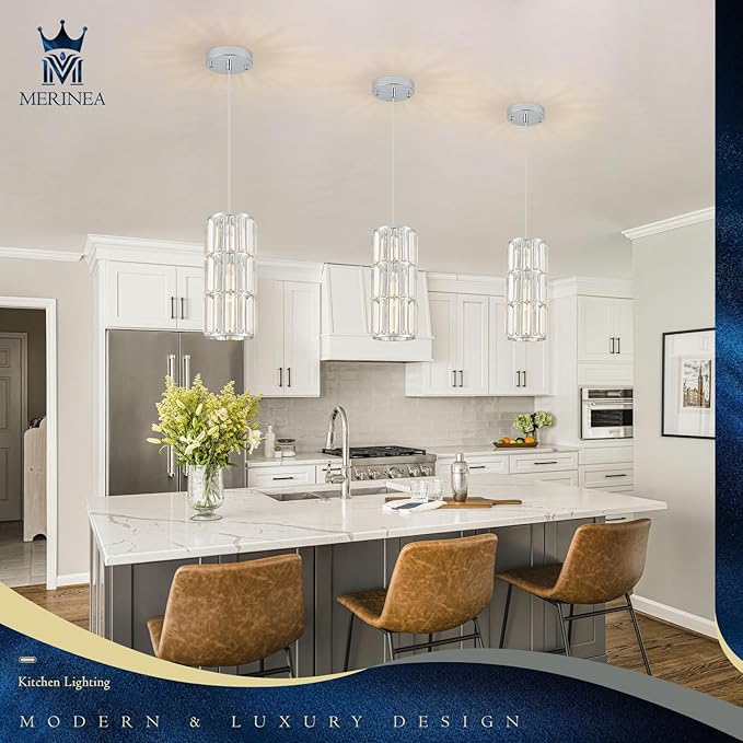 Chrome Crystal Pendant Light for Kitchen Island, Modern Mini Hanging Light Fixture with Adjustable Cord, 1-Light Polished Chrome Pendant Lighting for Dining Room, Bedroom, Bathroom, Bar