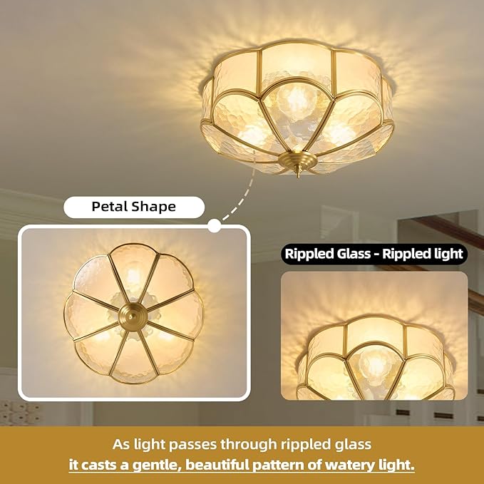 Gold Vintage Brass Ceiling Light - Small 11.8 Inch Hammered Glass Mid Century Flush Mount Lighting Fixtures - Art Deco Antique Modern Lamp for Hallway Bedroom Kitchen Entryway Laundry Foyer Bathroom