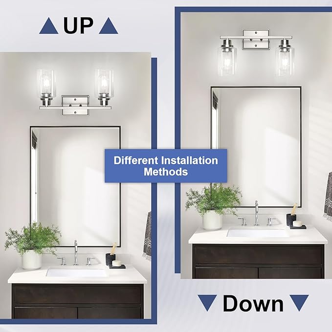 Unicozin 2 Light Bathroom Light Fixtures, Modern Vanity Lights Over Mirror, Brushed Nickel Wall Lamp with Clear Glass for Living Room Cabinet Bedroom Porch