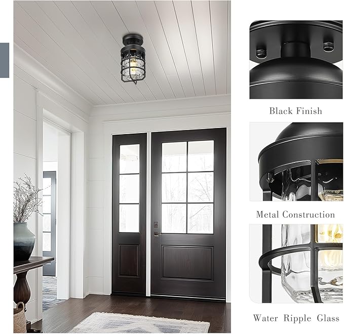 Emliviar Industrial Ceiling Lamp with Water Ripple Glass Shade, 11.1 Inch Classic Semi Flush Mount Light in Black Finish for Kitchen, GE255LF BK-WG