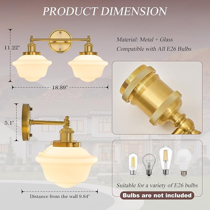 VitaLink 2-Light Wall Sconce Bathroom Vanity Light, 19” Gold Hardwired Vanity Lights Over Mirror Bathroom Wall Lamp Mid-Century Modern Wall Sconces for Living Room Bedroom