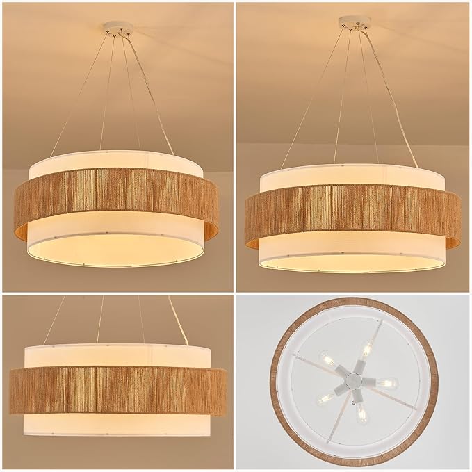 30” Fabric Rattan Chandelier Boho Hand Woven Coastal Pendant Light Adjustable Drum Large Pendant Lighting Fixtures for Dining Room Living Room Kitchen Hallway, Off-White, UL Listed
