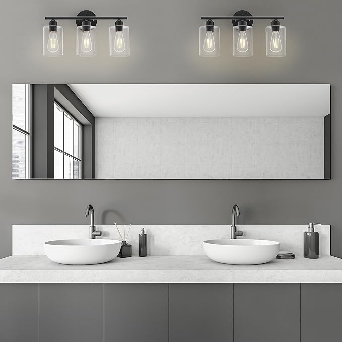 Espird Bathroom Vanity Light Fixtures Matte Black Bathroom Lighting Fixture, 3 Lights Bathroom Light Fixture Over Mirror, Modern Black Vanity Light, UL Certified Wall Sconces with Glass Shades