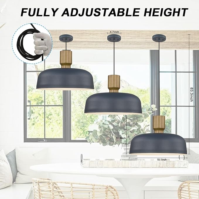 Farmhouse Pendant Lights, Adjustable Hanging Light Fixtures with Hammered Metal Shade, 18.1 inch Pendant Lighting for Kitchen Island, Blue