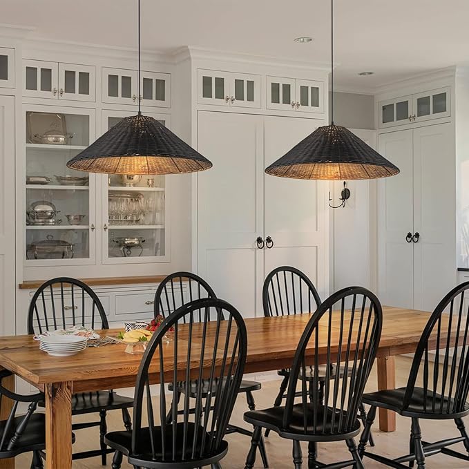 23.6'' Large Weaving Rattan Chandelier, Black Coastal Chandelier Hand Woven Rattan Dome Pendant Lighting Fixture Farmhouse Natural Basket Hanging Light