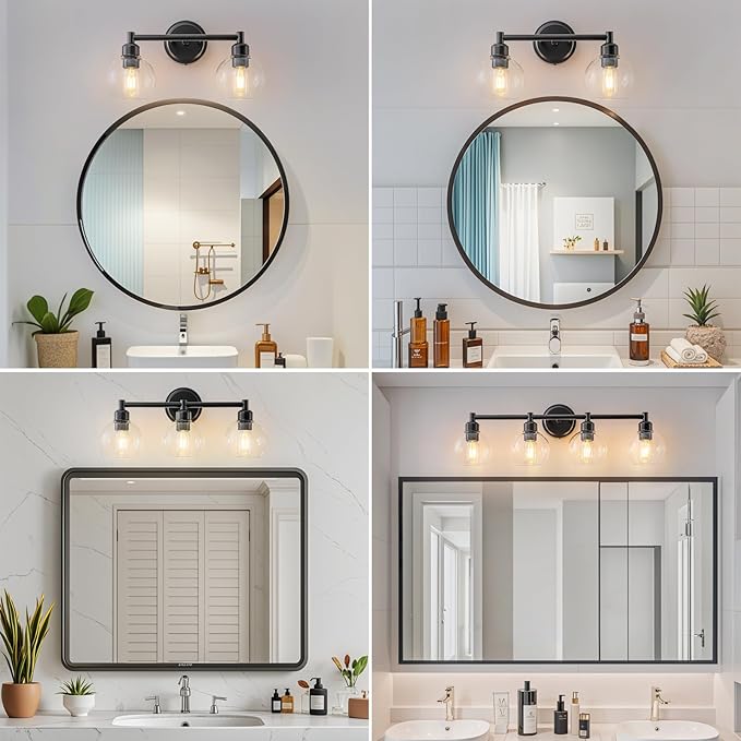 Bathroom Light Fixtures,2-Light Modern Bathroom Vanity Light,Black Wall Sconce with Clear Glass Globe Shades,Wall Lights Over Mirror for Kitchen,Bedroom,Hallway,Living Room