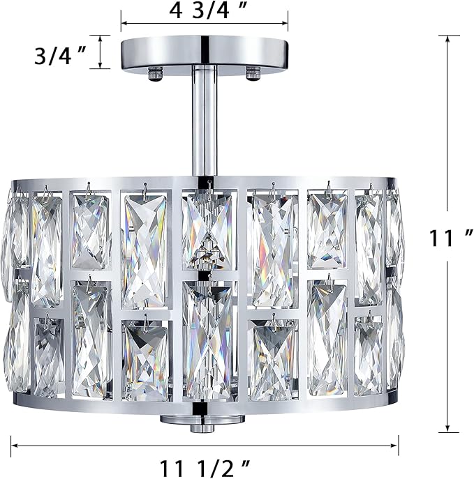 MEXO Farmhouse Crystal Round Semi Flush Mount Modern Close to Ceiling Light Fixture, Cylinder Drum Shade Ceiling Lights 3LT Ceiling Lamp for Kitchen Island Dinning Room Bedroom