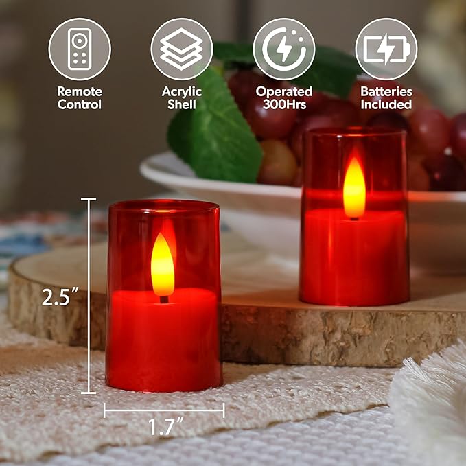 Flameless Small Tea Light LED Candles, Acrylic Battery Operated Votive 1.7" x2.5" with Remote Control and Timer, Tealight Red Flickering Warm Light Pack of 8 Electric Long Lasting