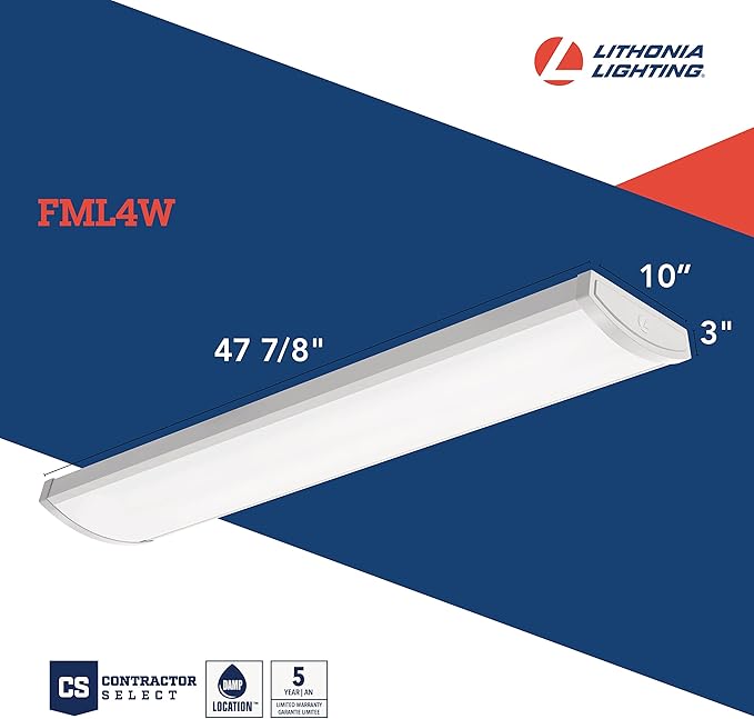 Lithonia Lighting 4 Foot LED Ceiling Light Fixture, 4 Ft LED Shop Light, Low Profile, Wide Housing Wraparound, Adjustable Lumens, Selectable White Color, Triac Dimming, 120V (FML4W 48 ALO6 8SWW2 TD)