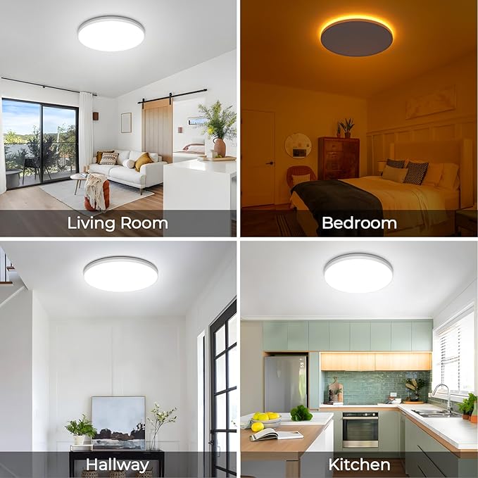 SunRider 2-Pack LED Flush Mount Ceiling Light Fixture with Night Light, 5000K Daylight White, 12 Inch 24W 2400LM Round Dimmable Flat Ceiling Lamp