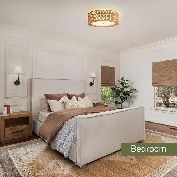 Modern Flush Mount Ceiling Light, 4-Light Boho Rattan Light Fixture Large Gold Ceiling Light Bedroom Light Fixtures for Living Room Dining Room Kitchen Foyer