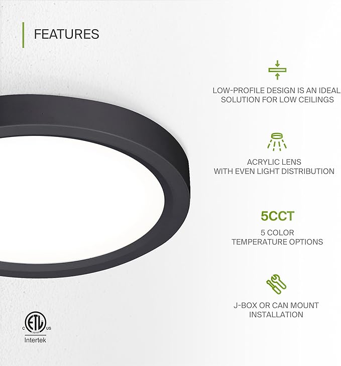 ASD LED 7" Round Flush Mount Ceiling Light Fixture, Low Profile Surface Lighting | 5CCT, Dimmable, Ultra-Thin, ETL Listed | 15W 1260LM 2700-6000K 120V | Kitchen, Bedroom, Hallway Lamp | Black, 6 Pack