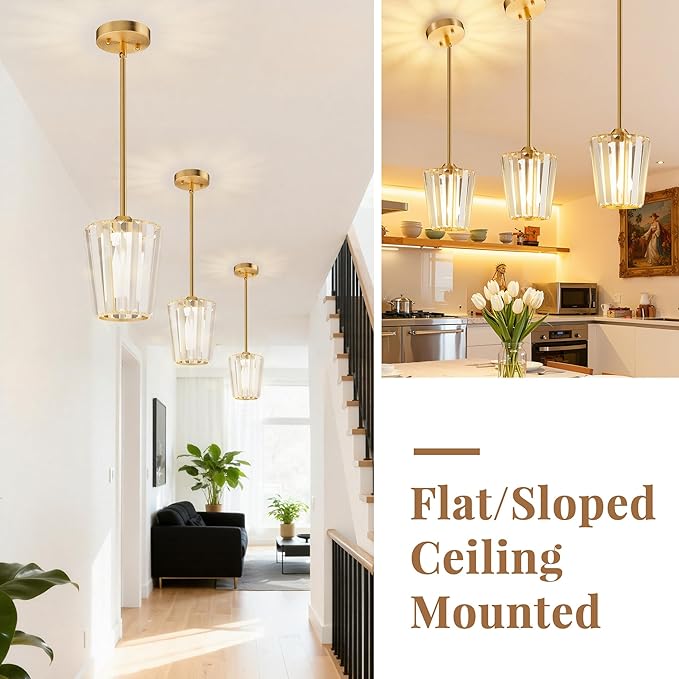 Crystal Pendant Lights Kitchen Island 3 Pack, Modern Gold Pendant Light Fixtures Mini Adjustable Chandeliers for Kitchen Island Dinning Room Bedroom Hallway with E26 Base (Bulbs Not Included)