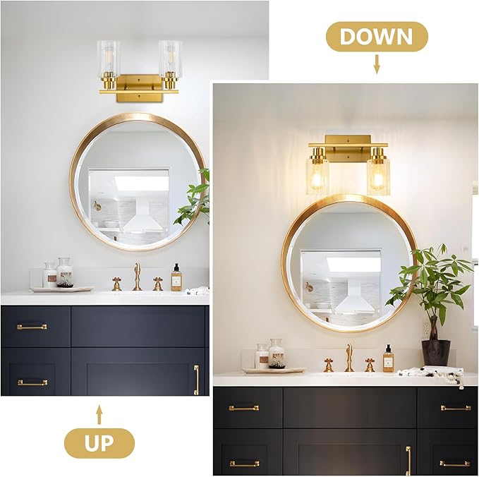 Jonsi Gold Bathroom Light Fixtures, 2 Light Brushed Gold Vanity Lights With Fluted Glass Shade, Modern Lights Over Mirror, Vanity Lighting Fixtures