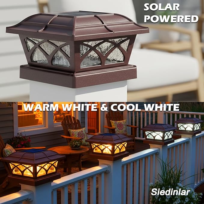 SIEDiNLAR Solar Post Cap Lights Outdoor Glass 2 Color Modes 8 LEDs for 4x4 5x5 6x6 Posts Deck Fence Patio Decoration Warm White & Cool White Lighting Brown (4 Pack)