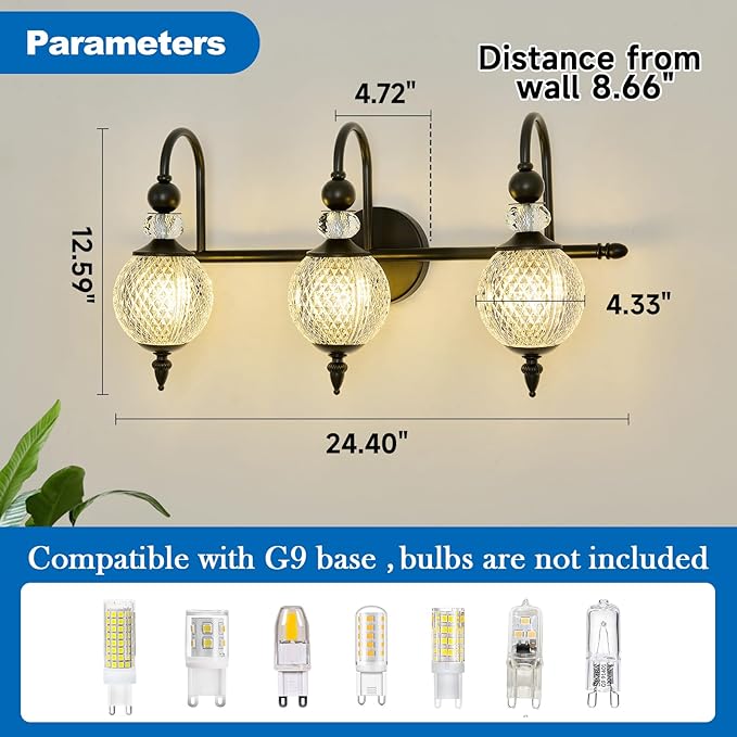 Vintage Vanity Light 3 Lights Black Bathroom Light Fixtures Over Mirror with Acrylic Globe Shade