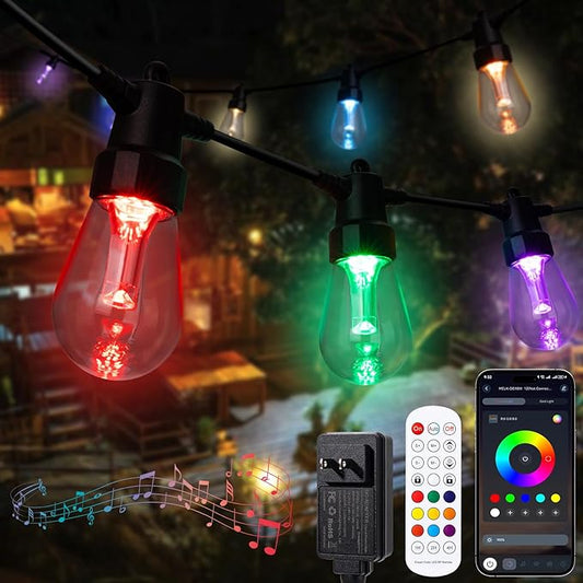 Outdoor String Lights Waterproof Patio Lights 104FT (2x52FT) 40 RGBW Dimmable LED Bulbs, APP & Remote Control, Shatterproof Hanging Color Changing Lights for Outside Backyard Party Porch Balcony