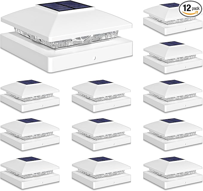 Solar Post Cap Lights Outdoor 12pack, White Waterproof Solar Powered Deck Fence Post Lights Fit 4x4 Wood/Vinyl Posts, Bright Warm White Solar Post Lights Decorate Deck, Patio, Porch, Fence