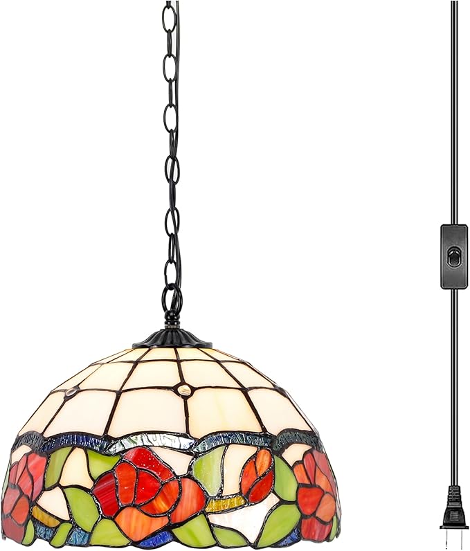 Tiffany Pendant Light Plug in Stained Glass Hanging Lamp Wide 12 Inch, Chain 33 Inch, Cord 15 Feet -Rose Flower Style