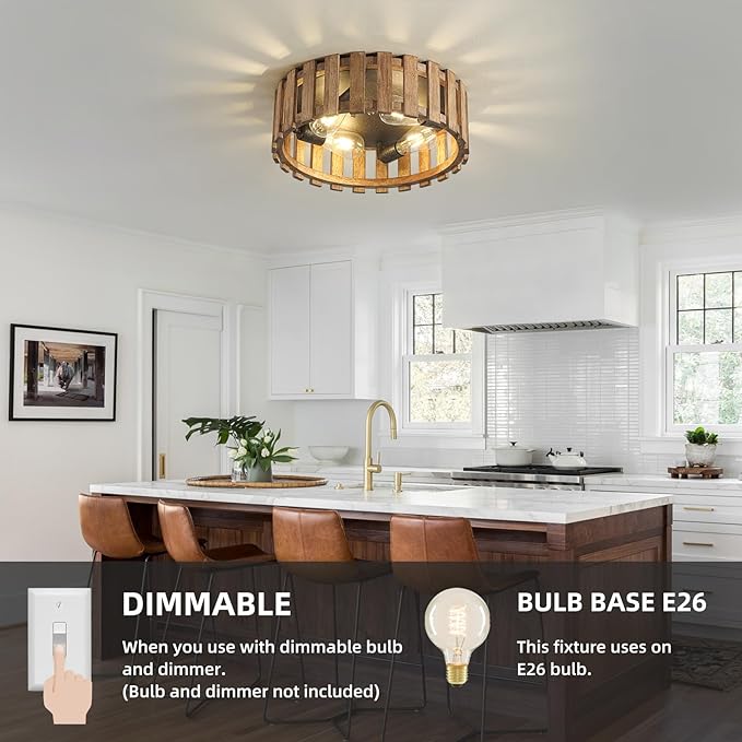 Farmhouse Flush Mount Ceiling Light, 17 Inch 4-Light Wood Close to Ceiling Light Fixture, Retro Hallway Light Fixtures Ceiling, Rustic Drum Ceiling Light for Kitchen Entry Living Room