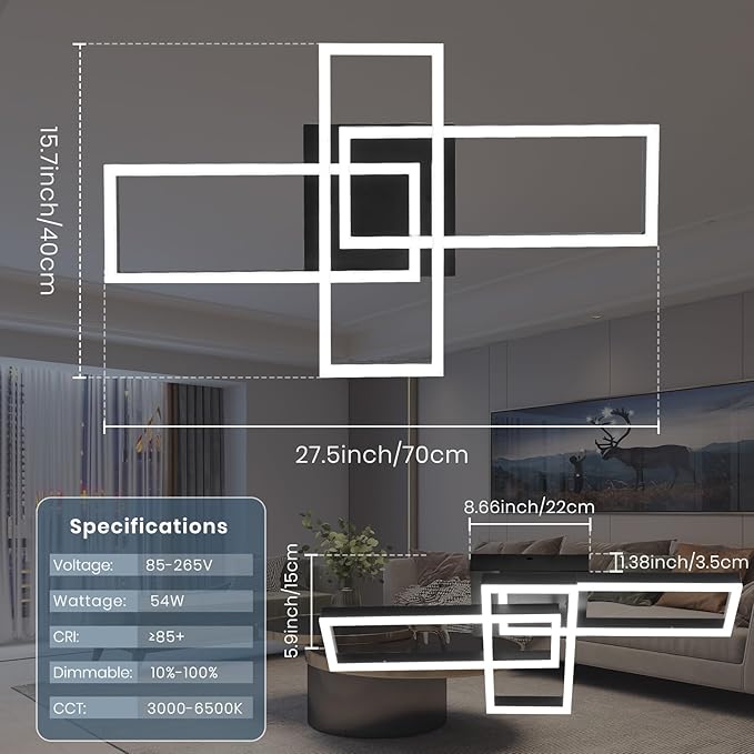 EIDISUNY Modern Led Ceiling Light Fixtures, Black Flush Mount 3-Square Ceiling Light with Remote Control&APP, Dimmable, 40W Acrylic for Bedroom, Kitchen, Dining Room
