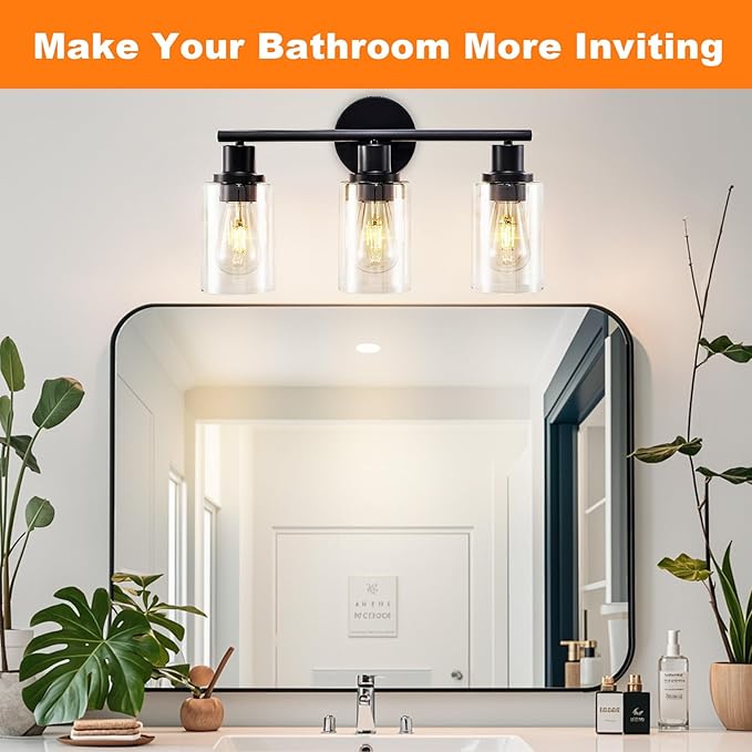 DLLT 3-Light Bathroom Light Fixtures: 18.51" Black Modern Vanity Lights with Clear Glass Shade - Bathroom Wall Lamp for Mirror Kitchen Living Room Hallway Cabinet Porch