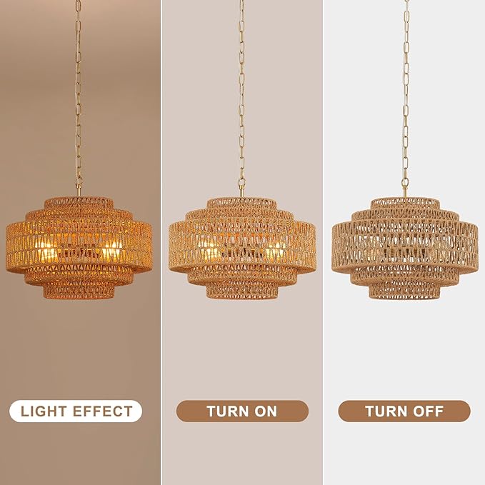 19.68" Gold Drum Rattan Chandelier Light Fixture 5-Tier Hand-Woven Wicker Chandelier Vintage Farmhouse Boho Coastal Chandeliers for Dining Room, Kitchen Island, Living Room, Bedroom