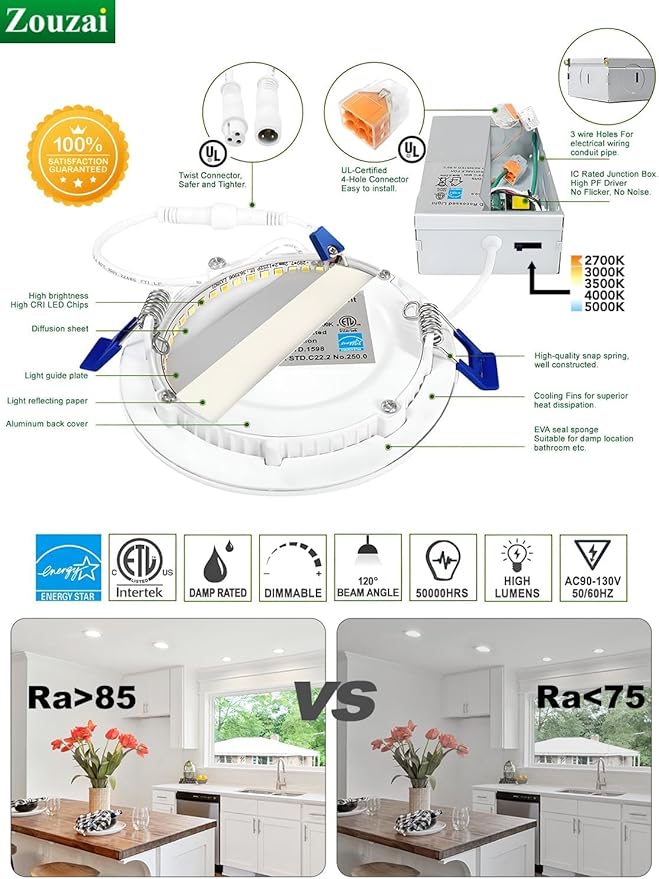 zouzai 24 Pack 6 Inch Ultra-Thin LED Recessed Ceiling Light with Junction Box 5CCT Adjustable Dimmable Can-Killer Downlight - ETL and Energy Star Certified (24 Pack,5CCT, 6 Inch)