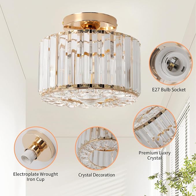 Gold Ceiling Lamp, Semi Flush Mount, Small Crystal, Entryway Chandelier for Dining Room, Bedroom, Kitchen