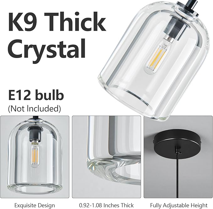 Modern Black Pendant Lights Kitchen Island Chandelier Indoor Crystal Hanging Light Fixtures for Dining Room Living Room Bedroom Bar（3Pack）