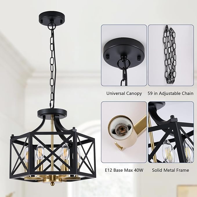6-Light Black and Brushed Gold Pendant Light, Modern Farmhouse Chandeliers for Dining Room, Adjustable Metal Cage Hanging Light, Vintage Geometric Pendant Lighting for Kitchen Entryway Foyer