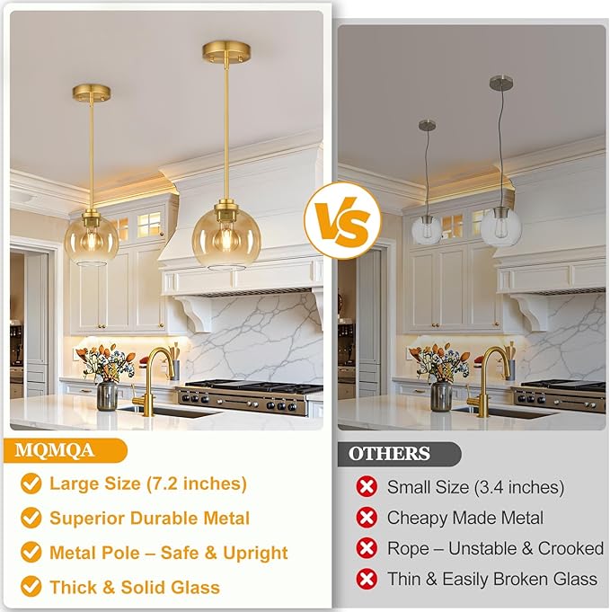 MQMQA 2 Pack 7.2-Inch Globe Pendant Lights, Mid Century Gold Pendant Light Fixtures, Amber Glass Pendant Lights Kitchen Island Adjustable Hanging Fixture for Dining Room Bulbs not Included