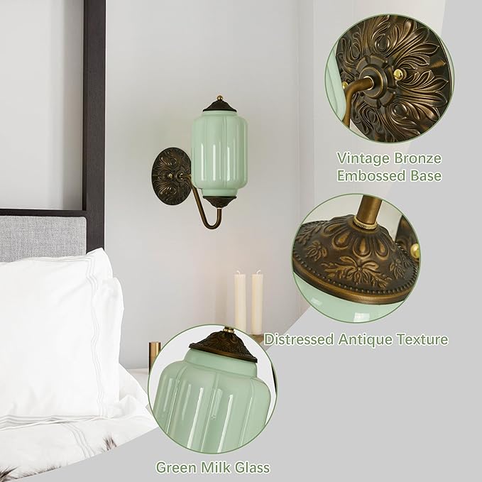 Vintage Milk Glass Wall Sconce - Green Dimmable Indoor Wall Lighting with Bulb - Antique Embossed Brass Gold Sconces - Mid Century Vanity Light Fixture for Bathroom Bedroom Living Room Hallway Decor
