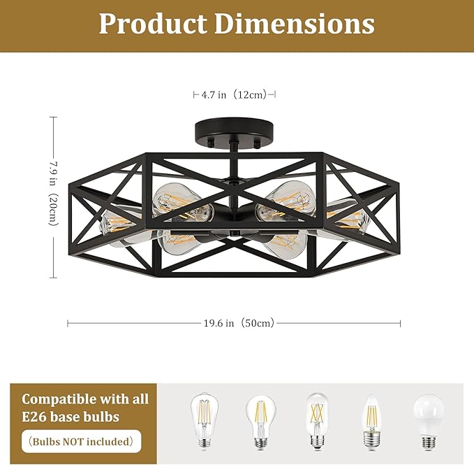 Modern Farmhouse Semi Flush Mount Ceiling Light,Industrial Black Ceiling Lighting Fixture,Hexagonal Close to Ceiling Lights for Kitchen,Living,Dining Room,Bedroom,Foyer,Laundry Room,19.7 Inch