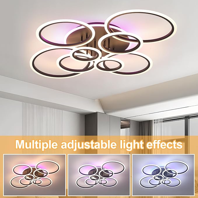 Modern LED Ceiling Light,41.3'' Dimmable Flush Mount Ceiling Lights with Remote,Acrylic Round Ceiling Lighting Fixture for Living Room Dining Room Bedroom Kitchen(Black,8 Rings,80W)